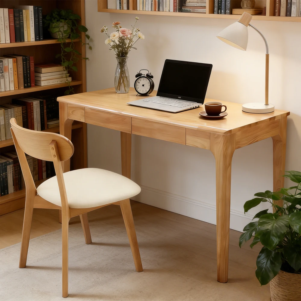 Solid Wood Desk with Drawers, Mid Century Modern Home Office Desk for Small Spaces (Natural Wood Color)
