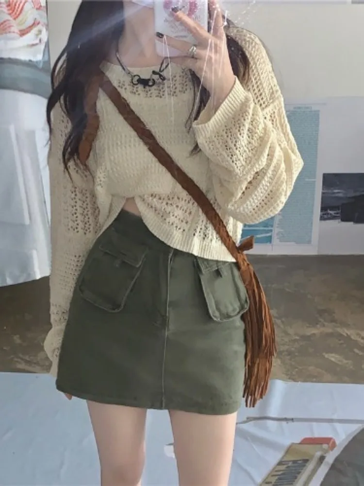 

Женский летний комплект больших размеров: вязаный топ с длинным рукавом для защиты от солнца и джинсовая юбка с высокой талией, стройнящий силуэт, для повседневной носки