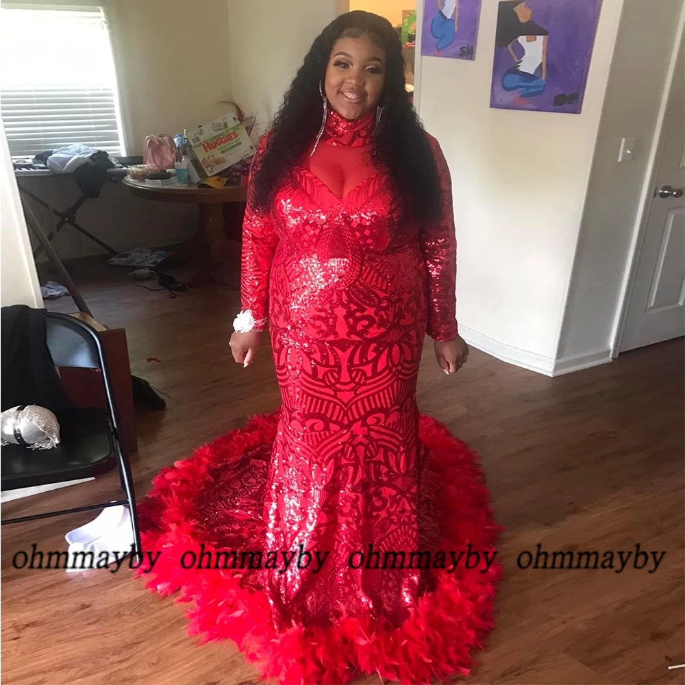 Red Plus Size Red Feather Prom Gowns for Women High Neck Mermaid Evening Dresses 2024 Hot Sale Vestidos De Fiesta Zopper