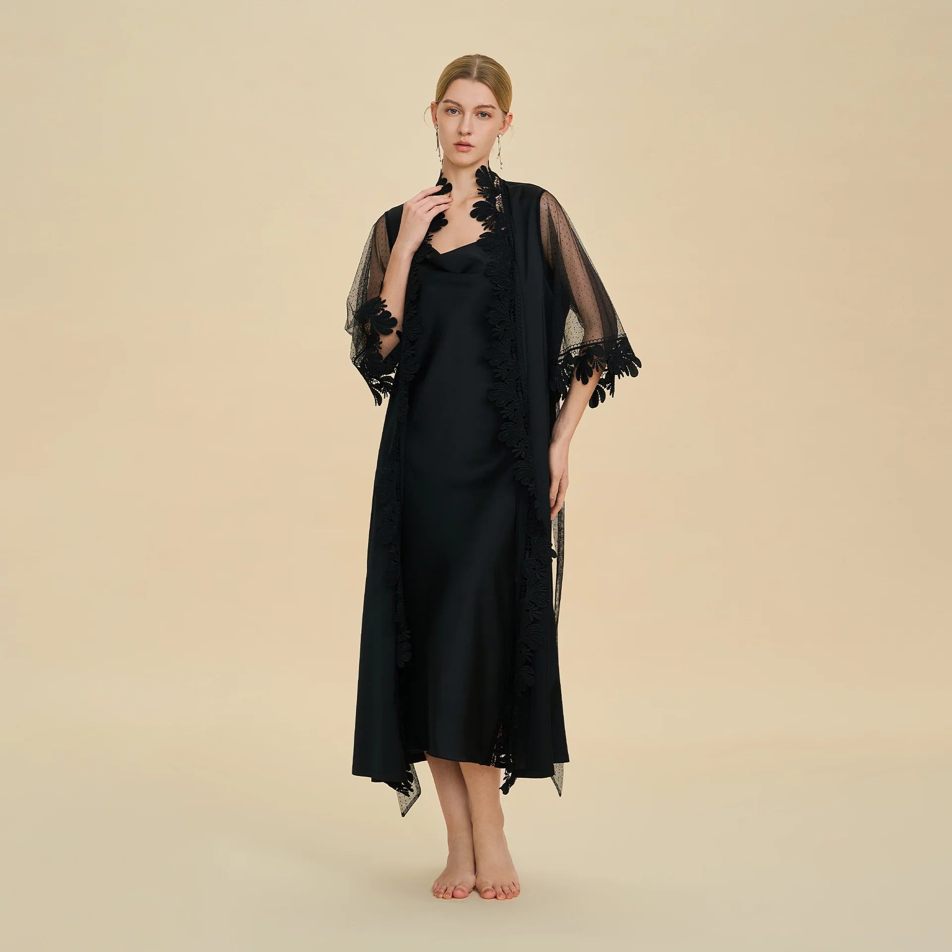 

Long Robe Set Sexy Lace Sleeve Patchwork Kimono Spaghetti Strap Nightdress Women Elegant Homewear