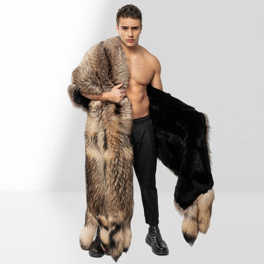 Luxury Unisex Double Face Raccoon & Black Rex Boa-Cape With Tails Real Rabbit Fur Shawl New Arrival Real Big Long Fur Shawl
