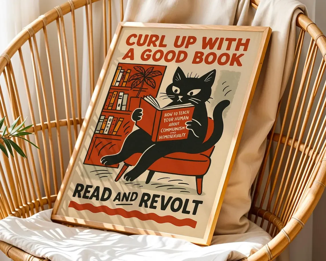 Lustiges Retro-Katzen-Poster – Vintage-inspirierte politische Satire-Wandkunst, Lesedruck „Schwarze Katze“, skurrile Heimdekoration, Humor und Protest