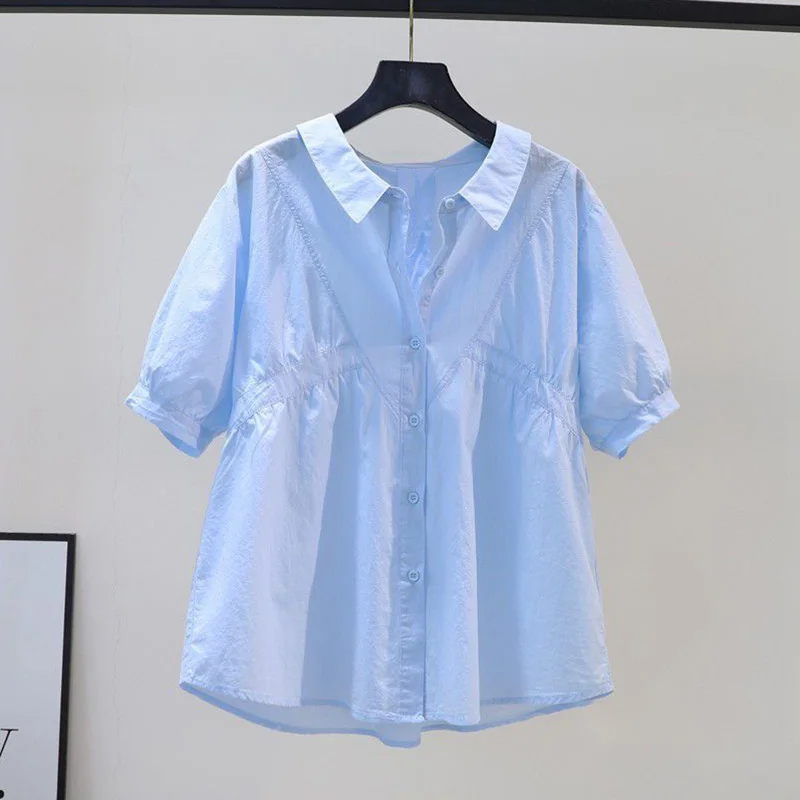 Puff Sleeve Women\'s Summer Blouses Korean Fashion Thin Short Sleeve Shirts Chic Loose Lapel Cotton Blusas Solid Color Casual Top