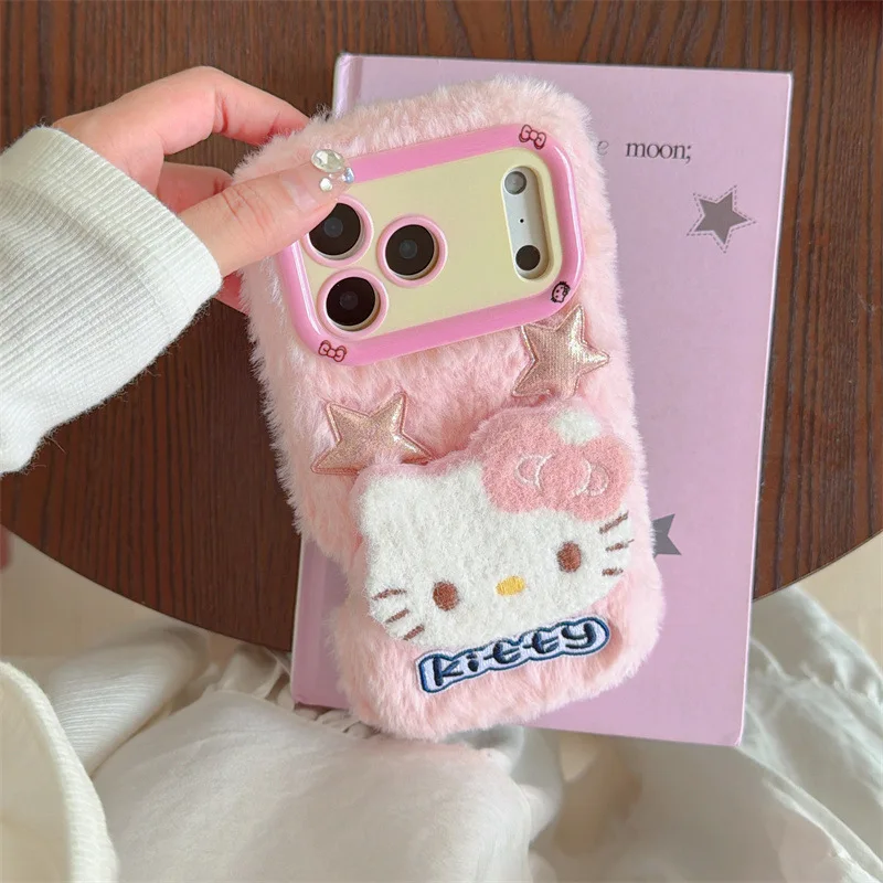 Custodia per telefono con supporto per fotocamera soffice in pelliccia 3D Hello Kitty carina per iPhone Air 11 13 14 12 15 16 17 Pro Max Custodia antiurto per braccialetto