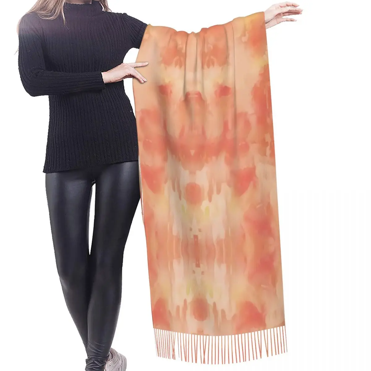 Custom Bright Orange Tie Dye Print Scarf Wrap Women Long Winter Fall Warm Tassel Shawl Unisex Traditional Dyeing Art Scarves