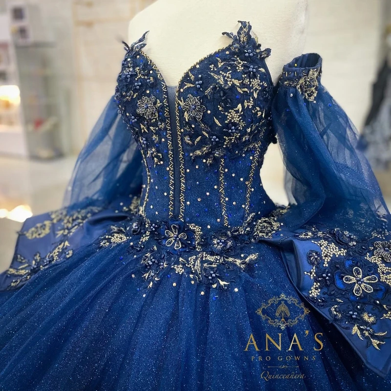 EVLAST Customized Navy Blue Quinceanera Dress Ball Gown Lace Applique Beading Detachable Sleeve Sweet 16 Vestidos 15 Anos TQD762