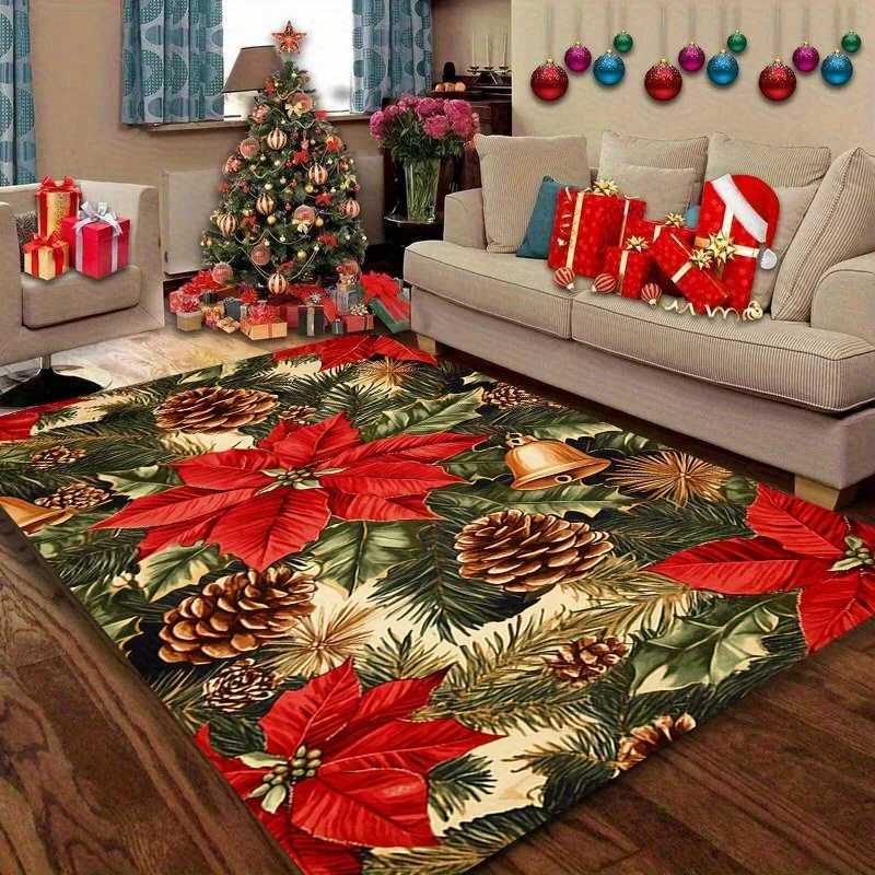 1pc Christmas Red Flower & Bell Printed Area Rug, Non Slip Floor Mat for Living Room, Kitchen, Bedroom & Dormitory