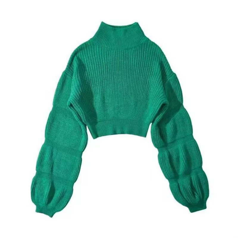 Warm Thick Knitted Women Sweater Solid Mock Neck Crop Jumpers 2023 Fall Winter All Match Streetwear Casual Workout Sweaters