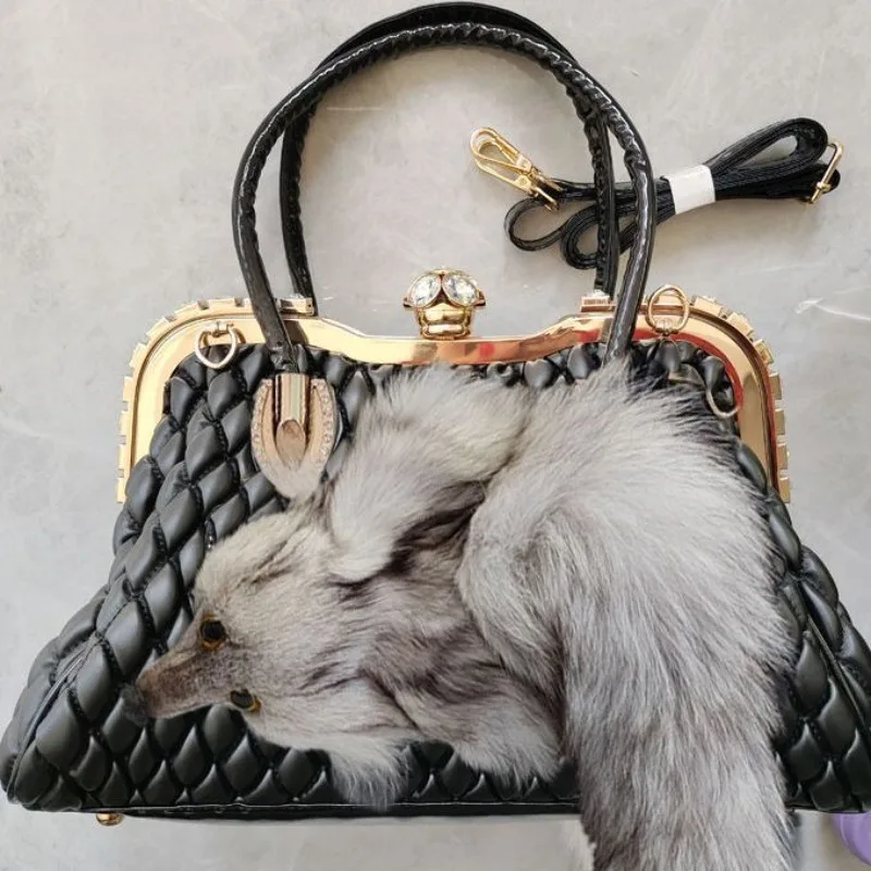 Original Design Fox Real Fur Handbag with Diamond Shoulder Crossbody Bags for Women Hot Selling