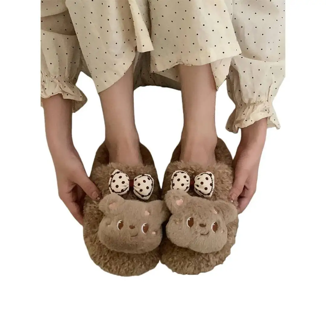 Hausschuhe für Damen, 2025, Herbst und Winter, niedlicher Bär, pelzige Hausschuhe, koreanische Schleife, warm, rutschfest, für drinnen und draußen, Viralschuhe