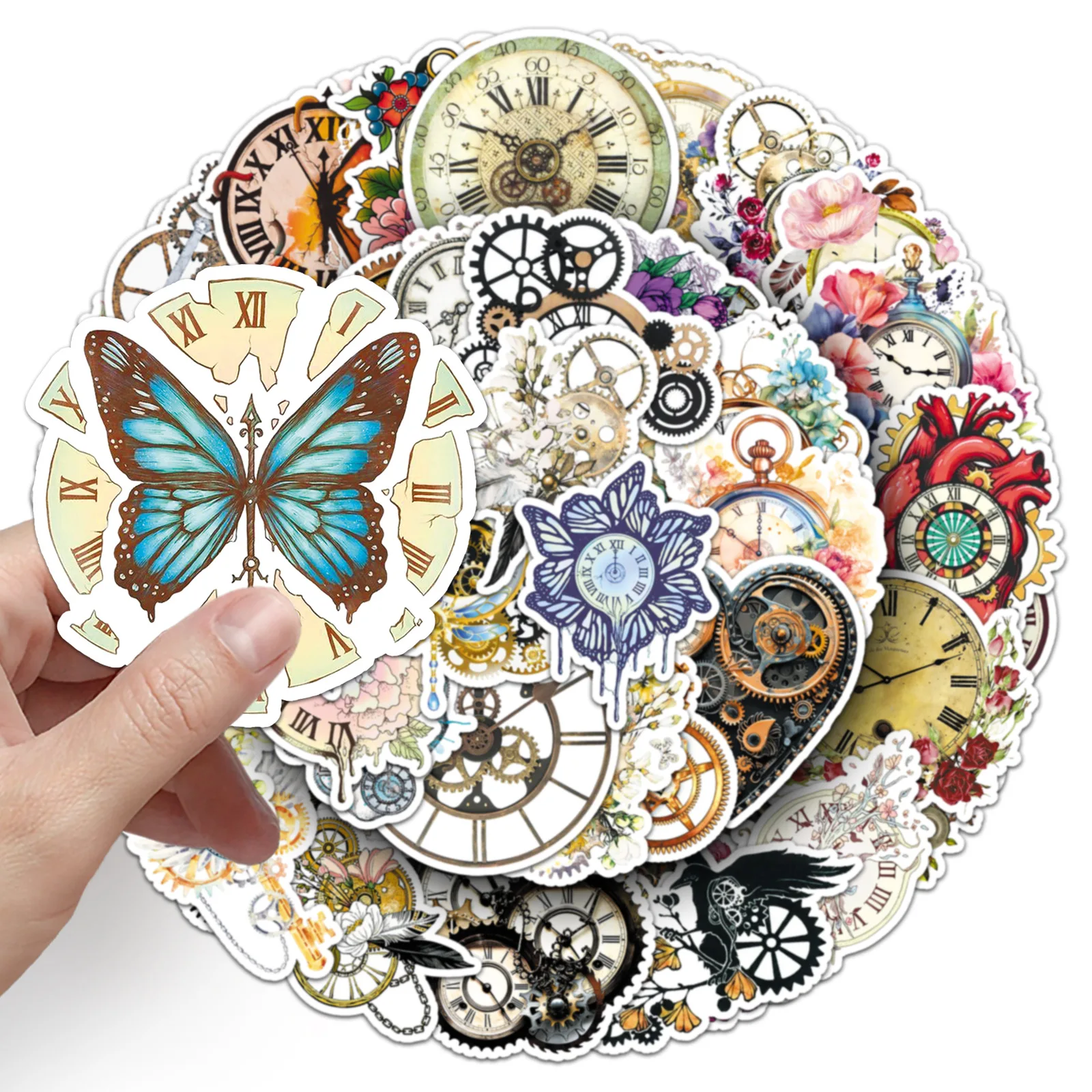 50PCS Retro Mechanical Clock Stickers Creative Decoration Suitcase Notebook Water Cup Mobile Phone Case Graffiti Toy Gift Decals