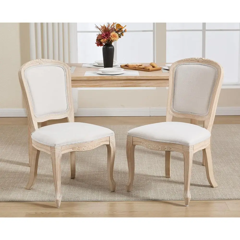 

Upholstered Linen Square Back Dining Chairs Set of 2, Natural Carved Legs, Suitable for Kitchen/Dining/Living Room, White