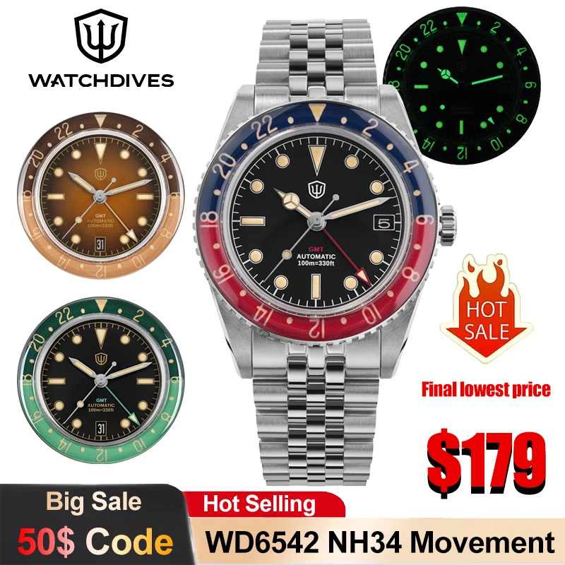 

Watchdives WD6542 Механические часы NH34 Автоматический механизм Пузырьковый куполообразный сапфировый кристалл Роскошные часы 100 м Водонепроницаемые мужские часы