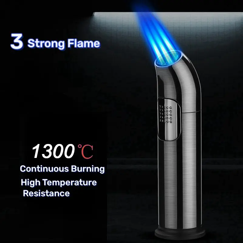 

1300℃ High Temperature Butane Gas Lighter Outdoor Windproof Three Torch Blue Flame Cigar Barbecue Spray Gun Lighter Welding Tool