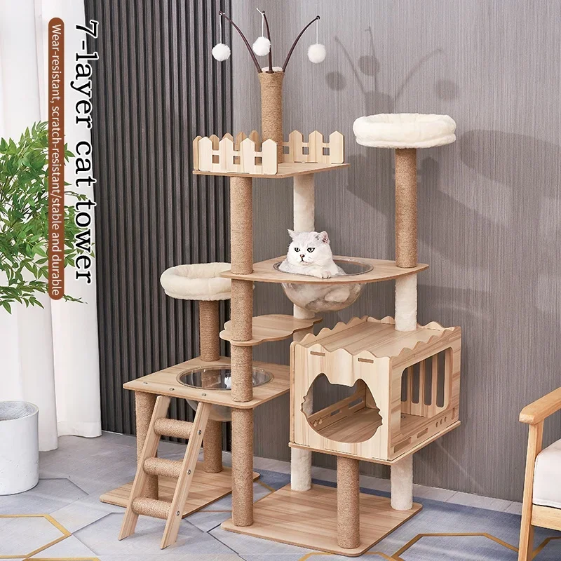 Pet factory direct sale discount solid wood cat tree tower multi jumping platform with house cat trees for large cats