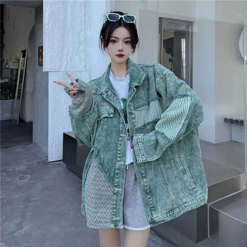 

2023 Spring and Autumn New Korean Version of Super Fat mm 2-300 Catties Loose Splicing Denim Coat Cover Meat Giant Thin Jacket