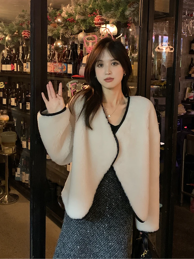 

Шерстяное пальто Dayaier с V-образным вырезом и отделкой из овечьего меха, модное молодежное корейское повседневное пальто с длинными рукавами, стандартной длины