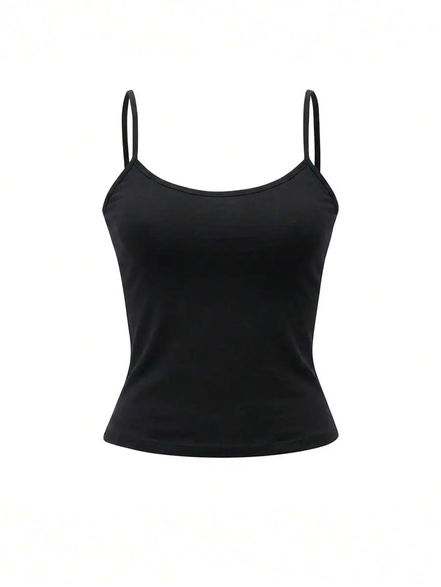 

Women Black Spaghetti Strap Camisole Top Slim Fit Casual Crop Tank Top For Everyday Vacation