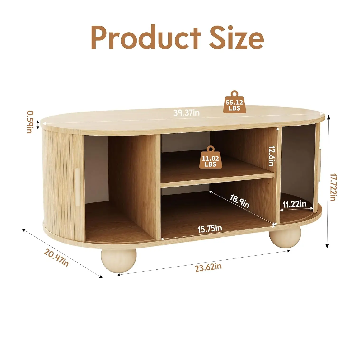 Rectangle Coffee Table, Fluted Coffee Tables For Living Room, Mid-Century Coffee Table Center Table With Storage & Sliding Doors