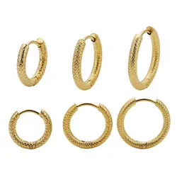 6pcs 10/12/14mm Stainless Steel Gold Color Round Ear Rings Grid Texture Hoop Earrings for Women Female Fashion Luxury Jewelry