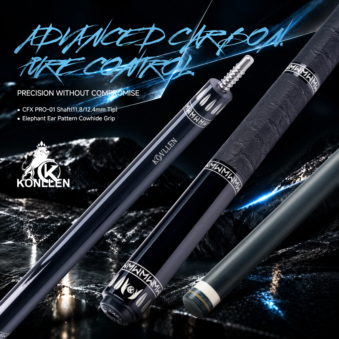 Pool Cue Carbon Fiber Shaft Low Deflection 4-Piece Maple Butt 11.8/12.4mm Tip Titanium 3/8x8 Joint 58in 19-20oz KONLLEN