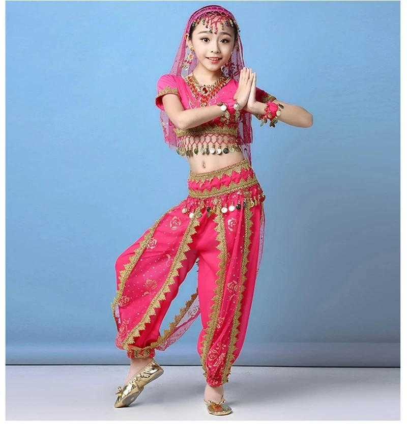 Conjunto de trajes de danza del vientre, vestidos de danza Oriental para niños, danza del vientre, niños indios, 4 colores, ropa de danza del vientre de la India