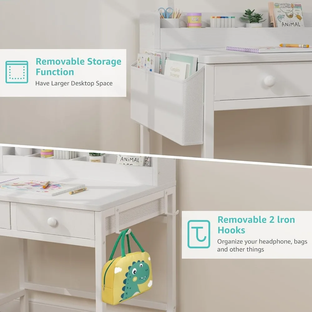 Kids Desk and Chair Set for Ages 5-8, White Study Table with Fabric Drawer Storage, Ergonomic Children's Furniture