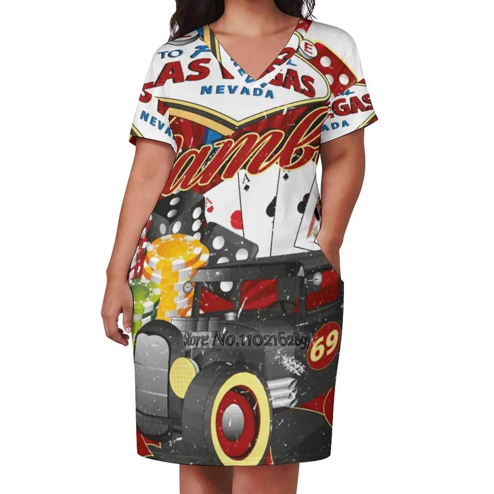 Gambler Hot Rod Design Print Dress Short Sleeve V-Neck Fashion Skirt Thin Short Sleeve Skirts Las Vegas Vegas Player Poker Hot