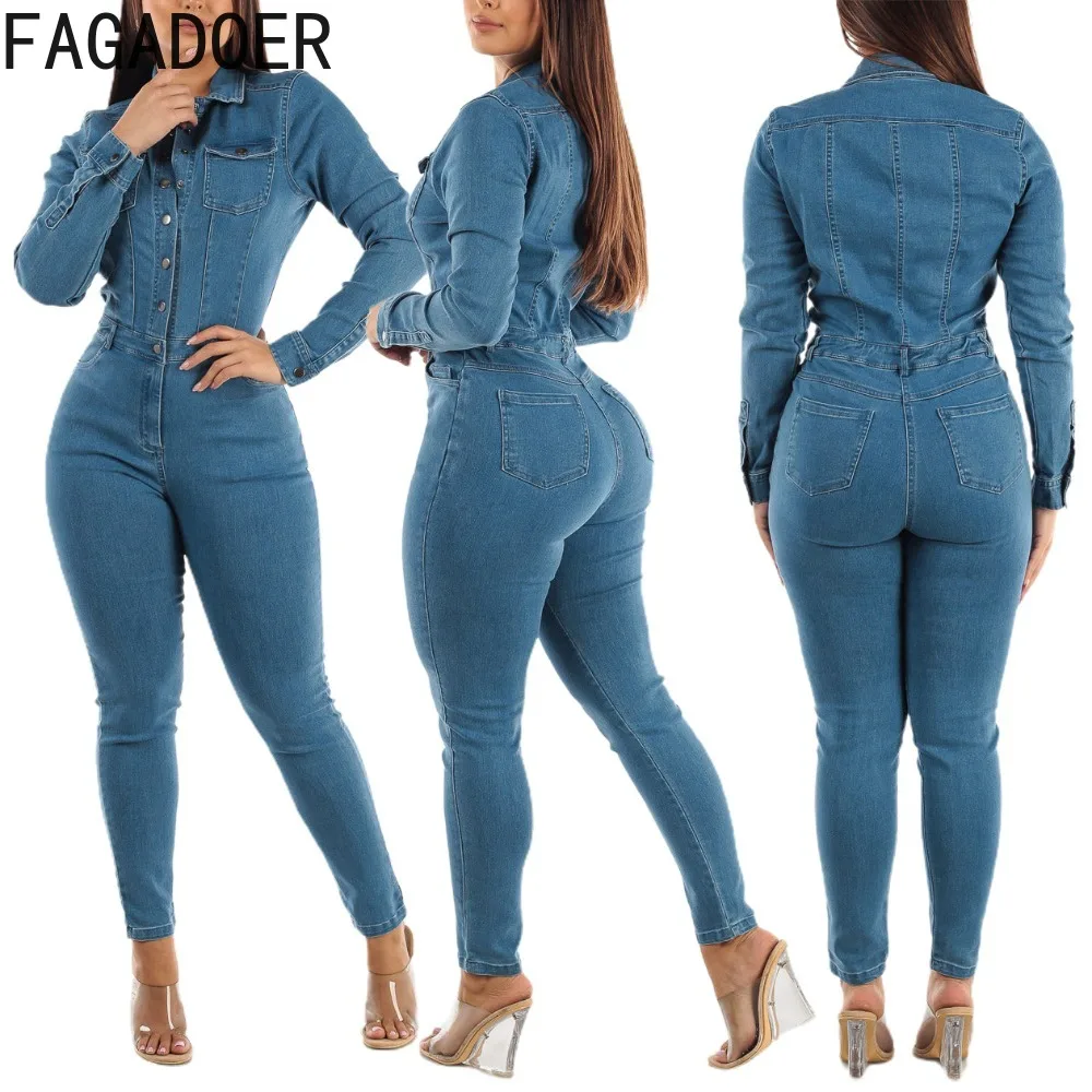 

FAGADOER Autumn Casual Solid Color Denim Jumpsuits Women Turndown Collar Button Long Sleeve Skinny Pants Playsuit Female Overall