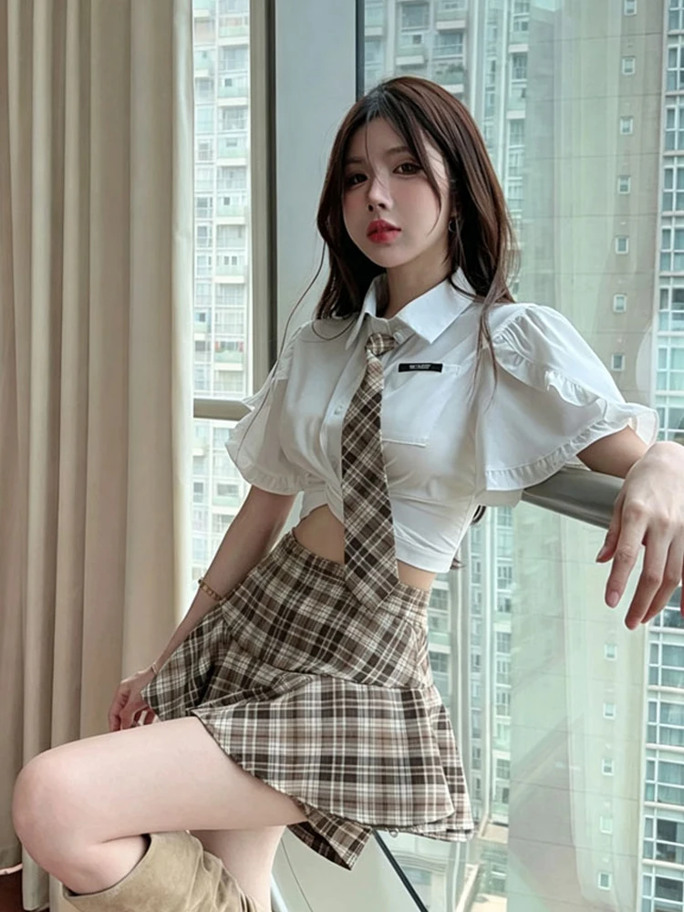 Slimming Effect White  Neck Knot Short Shirt Top High Waist Plaid  Skirt Pants Set American Style Hot Girl Outfit