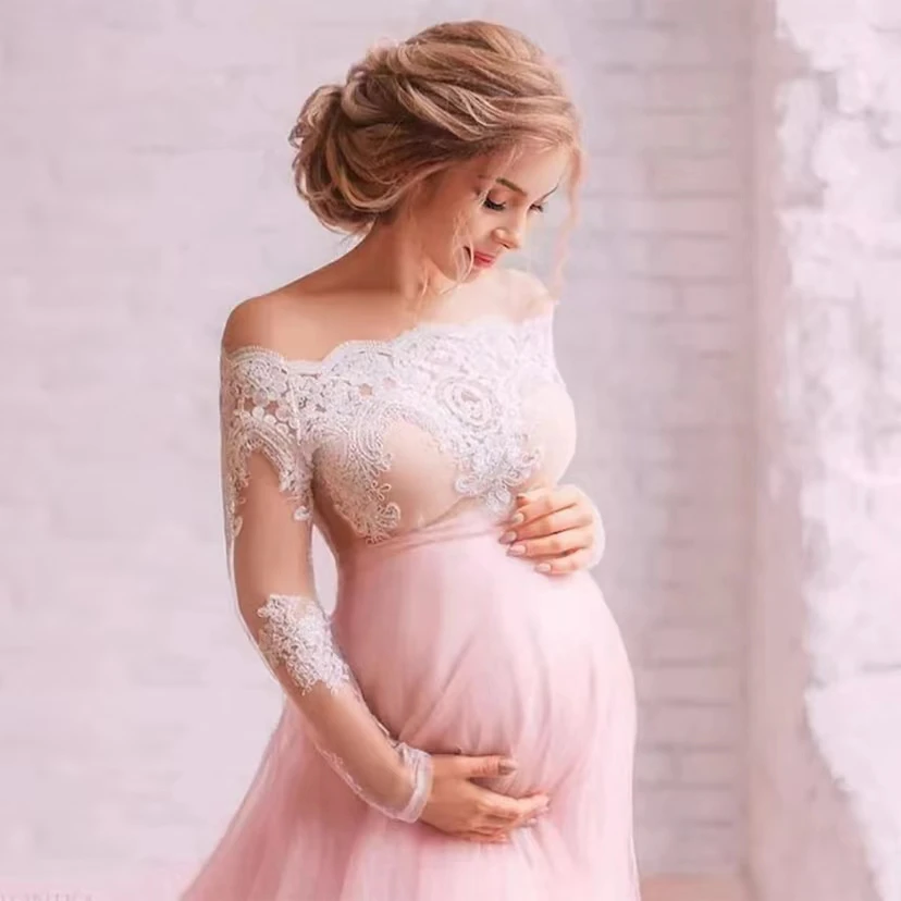 Absolutely Unique Maternity Dress Off Shoulder Applique Lace and Tulle Sweep Train Pink Dreamy Pregnant Women Dress Gown