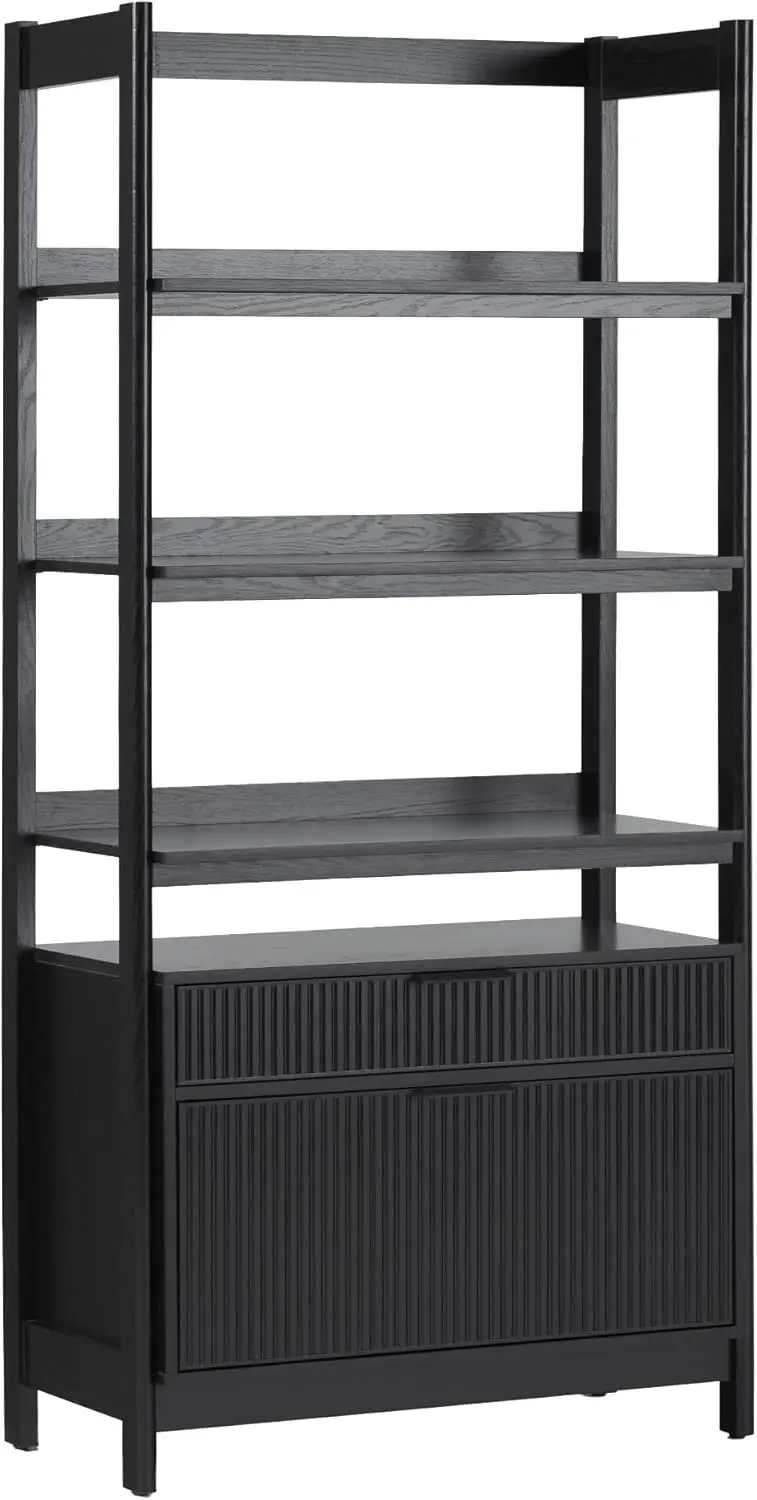 Walker Edison Modern Reeded 4-Shelf Bookshelf Bottom, 33 Inch, Two-Drawer Black