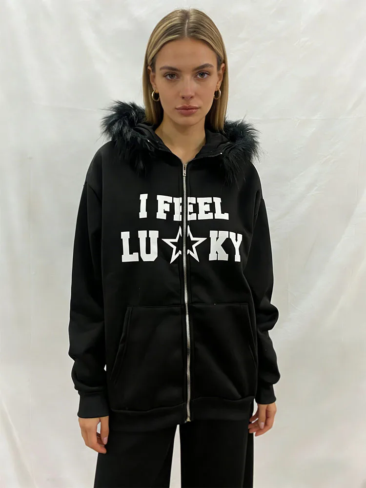 

Мужская и женская зимняя мода на новой тенденции Harajuku, толстовка с капюшоном на молнии с меховым воротником и принтом уличных букв Y2k clothin