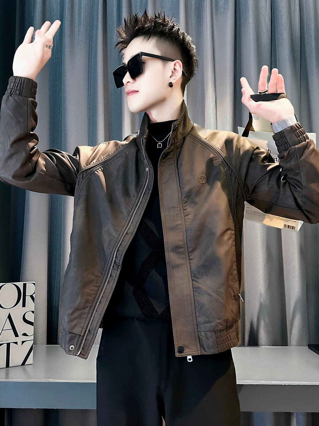 Masculino tie dye couro do plutônio jaet casual sle motocicleta tema primavera outono faion marca bordado high-end sentir novo modelo