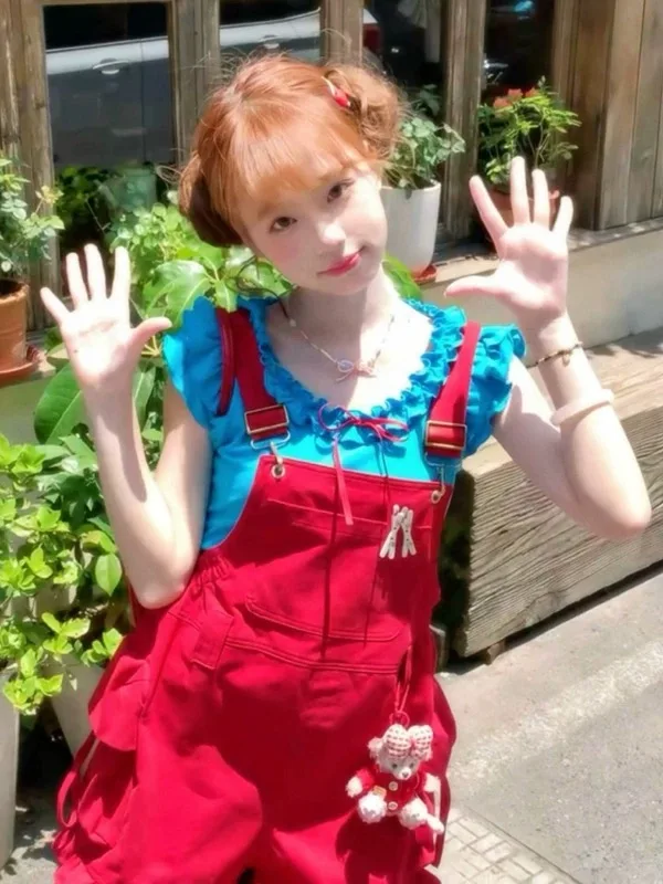 

Dopne, новые летние милые красные брюки со свободными бретелями, комплект Vaion, круглый комплект из двух предметов из полиэстера