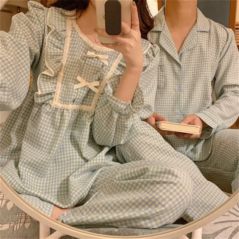 Autumn Ins Plaid Couple Pajamas Hit Color Lotus Leaf Plaid Pajamas Home Clothing Set Sleepwear Pijamas Women Clothes for Women