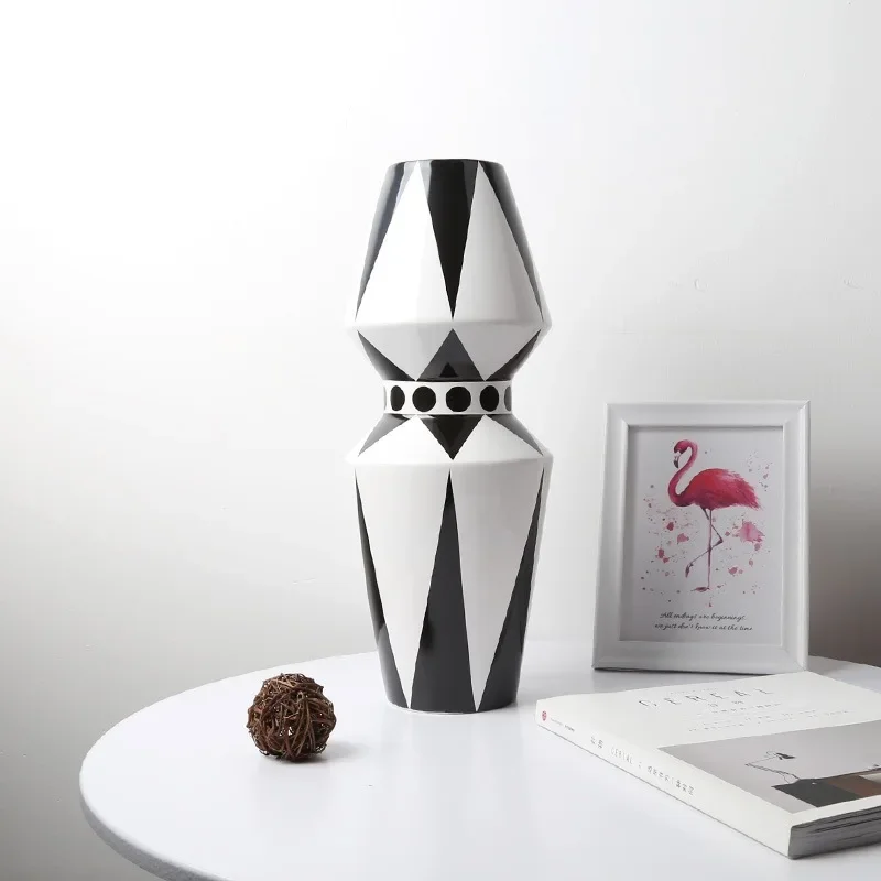 Modern Geometric Ceramic Vase, Black and White Design, High-Fired Handmade Floral Holder, Smooth Display, Chic Room Sculpture