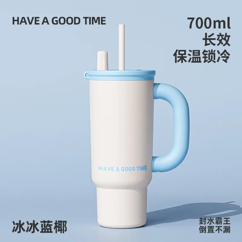 Simple Solid Color Dopamine Thermos Cup with Large Capacity and High Looks for Girls in Winter with Straw Water Cup