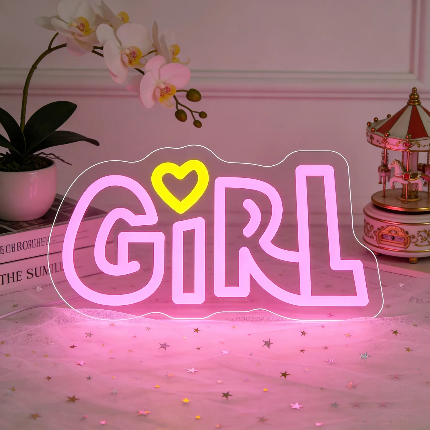 

Неоновая вывеска GIRL с желтым сердцем, светодиодный настенный декор для спальни, украшение для комнаты девочки, романтическое милое освещение, уникальный подарок на день рождения для нее