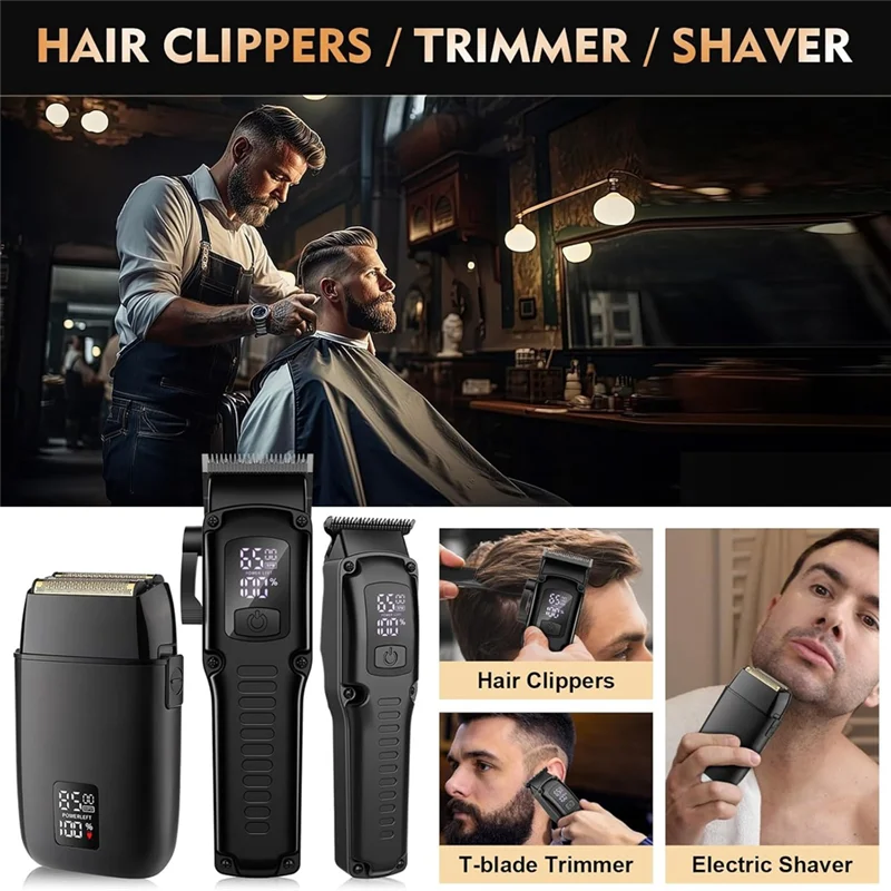 WHYY-Pemotong Rambut Profesional Pria, Pemangkas Jenggot Pemotong Rambut 3 In 1 dan Set Alat Cukur Listrik dengan Layar LED