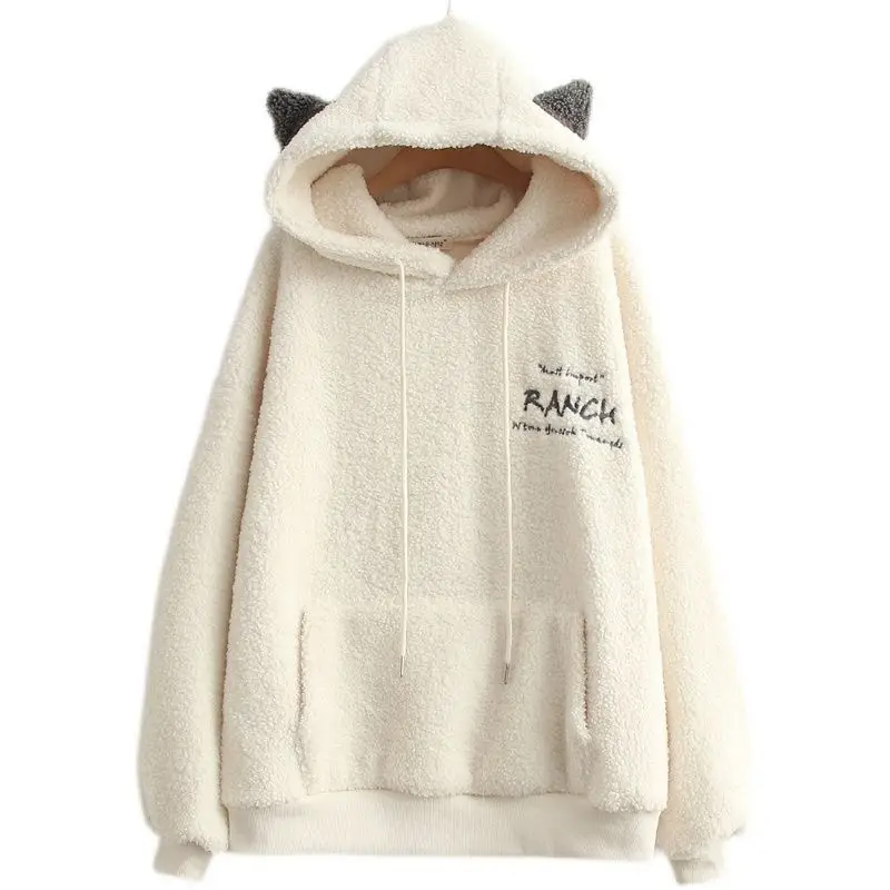 

Keep Warm College Style Apricot Winter Female Hoodies Grey Embroidery Letter Harajuku Cat Ears Girl Sweatshirt Women Pullover