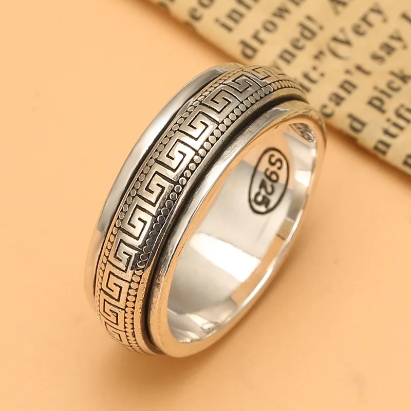 

S925 sterling silver rotatable ring men's single ring retro personality minimalism hipster forefinger ring Thai silver