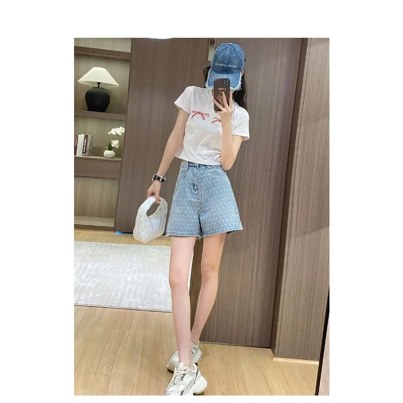 البولكا نقطة الدنيم السراويل عالية الخصر الحب الربيع والصيف طباعة السراويل الساخنة فضفاضة جديدة #3