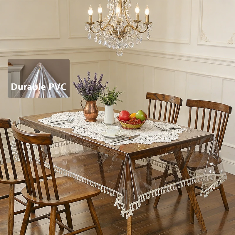 PVC Waterproof Resistant Dining Table Tablecloth with Lace Edges and Transparent Tablecloth Suitable for Round/rectangular Table