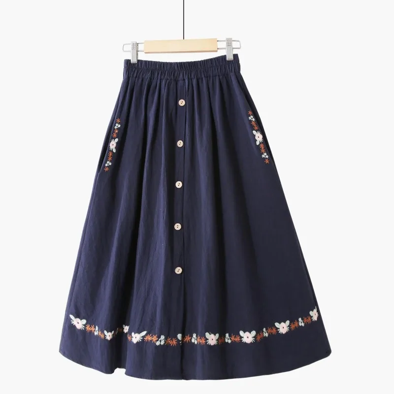 Retro Ethnic Style Spring Embroidered Women's Wear Elastic Waist Slim Pocket Single Breasted Cotton Hemp High Waist A-line Skirt