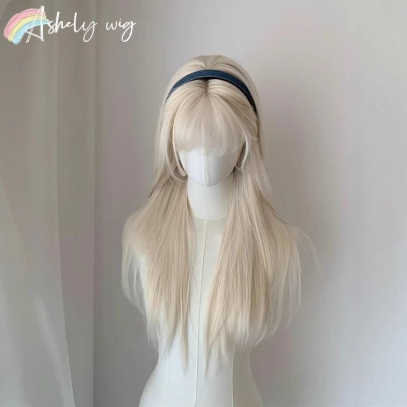 

Платиновый парик для женщин, 26 дюймов, длинный, прямой, с повязкой на голову, светлый парик с челкой, готовый к носке, парики для косплея в стиле Лолита для повседневного использования