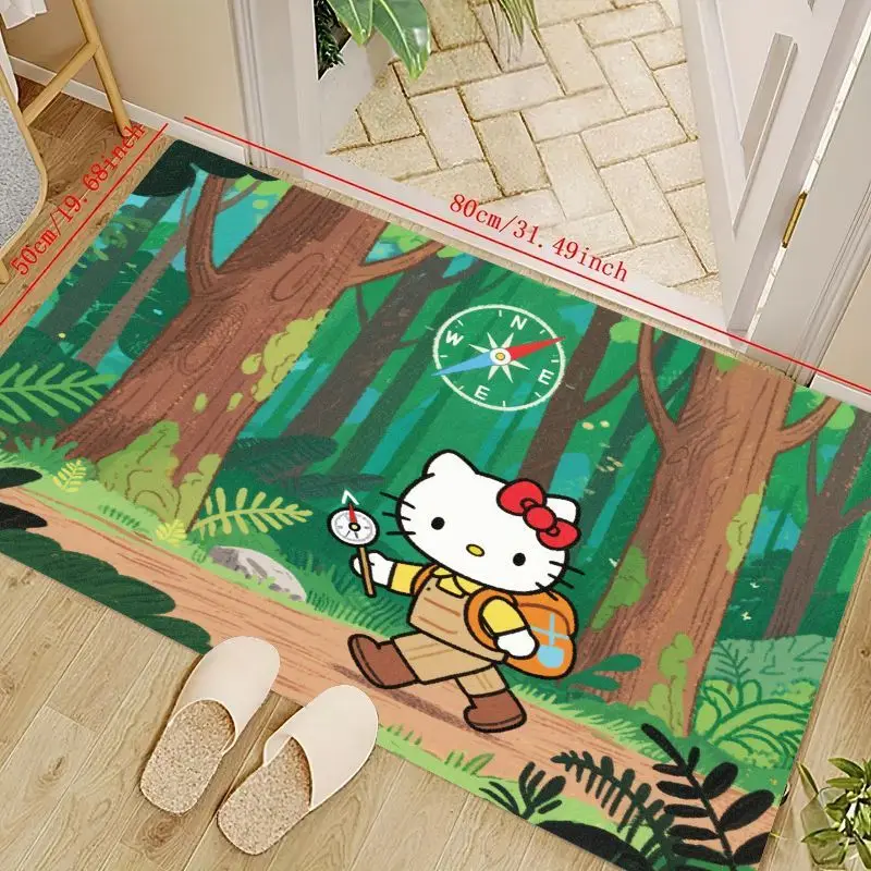 

1PC Cute Hello Kitty Adventure Forest Floor Mat, Cartoon Hiking Explorer Design with Compass, Non-slip Washable Soft Area Rug Ca