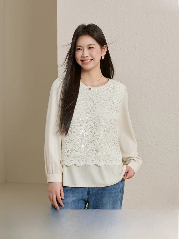 

Embroidered Lace irt Artistic Sle Long Sve Women's plus Size Spring Faion Top Comfortable Fit Korean Version S...