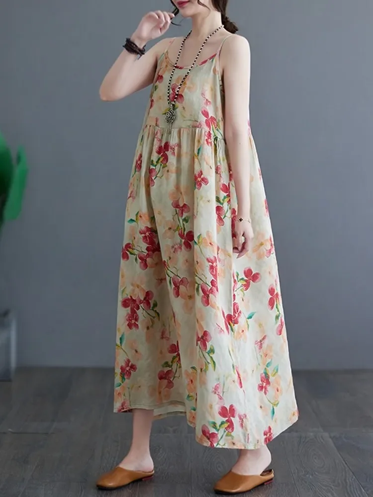

Sleeveless Strap Cotton Vintage Floral New in Dresses for Women Casual Loose Long Summer Dress Elegant Clothing 2025 E7083