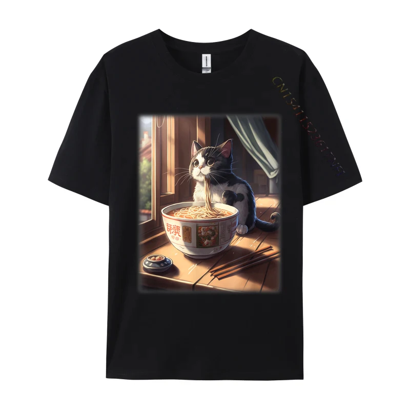 Japanese kawaii cat eating tonkotsu ramen Print T Shirt Special NEW YEAR DAY Tops & Tees Cotton Fabric Male Printing Tops Shirt